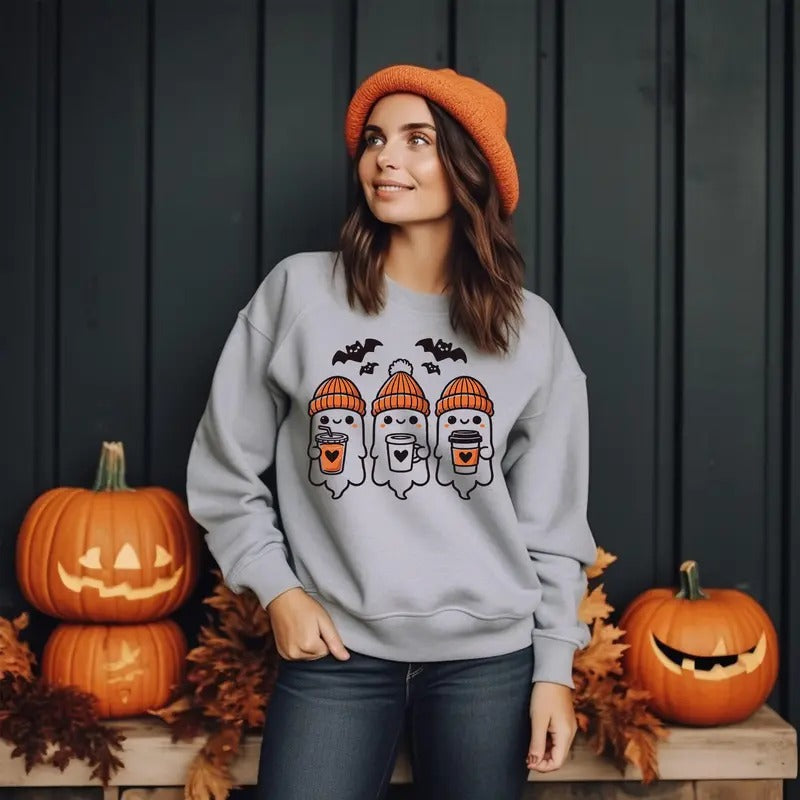 Halloween Cute Ghost Pumpkin Fall Spooky Season Unisex Sweatshirt Cotton Printed T-Shirts, Hoodie | HypeDripTees.com