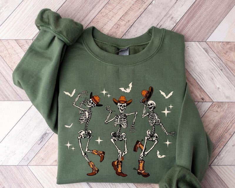 Halloween Dancing Skeleton Sweatshirt Western Halloween Cow Sweatshirt Halloween Cowboy Shirt Halloween Tee Halloween Cow...