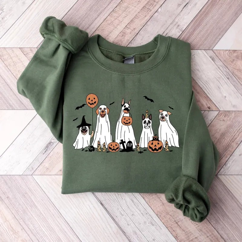 Halloween Dog Sweatshirt, Ghost Dog Shirt, 2024 Happy Halloween, Retro Spooky Season Hoodie | HypeDripTees.com