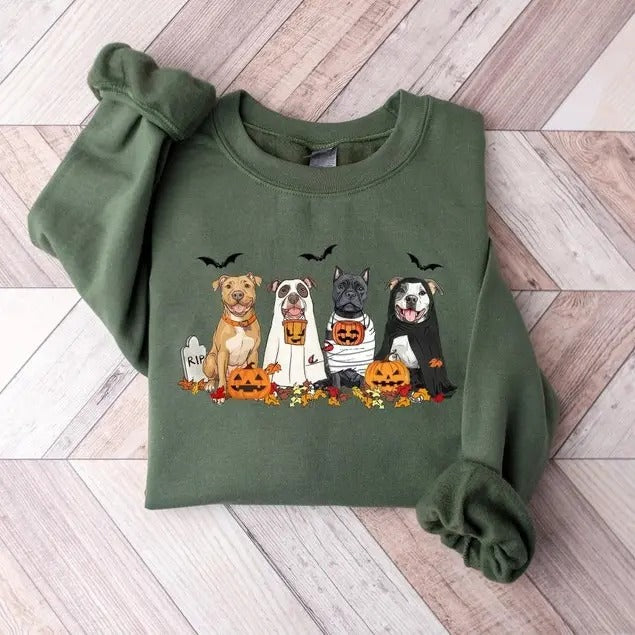 Halloween Dog Sweatshirt, Pitbull Ghost Dogs sweatshirt, Halloween Sweatshirt, Halloween Sweater, Ghost Dog Shirt,...