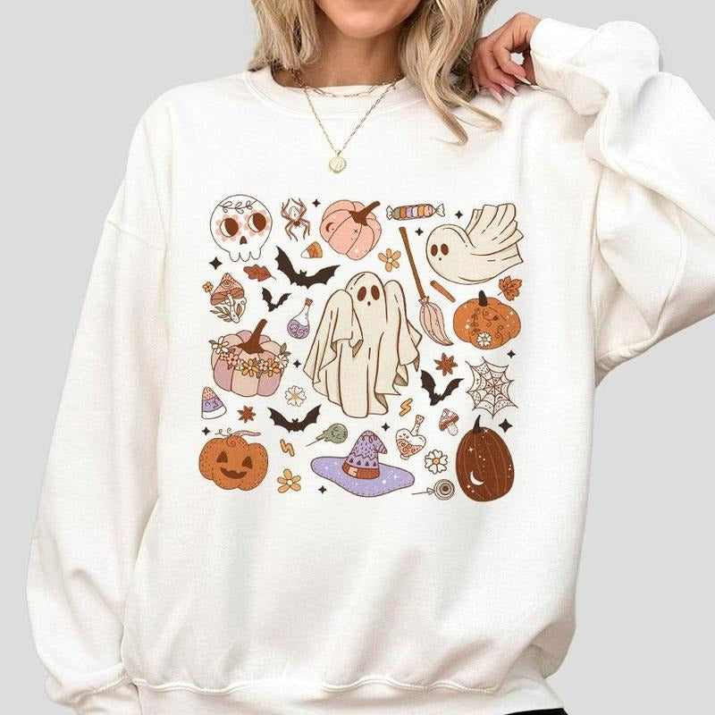 Halloween Doodles Shirt, Cute Halloween Sweatshirt for Her, Halloween Ghost Shirt, Funny Ghost Shirt for Women, Halloween...