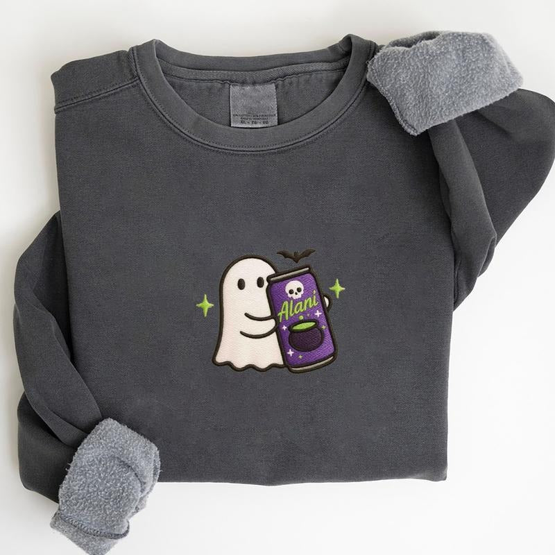 Halloween Energy Drink Ghost Embroidered Sweatshirt, Spooky Ghost Halloween Shirt, Cute Ghost With Energy Drink Fall...