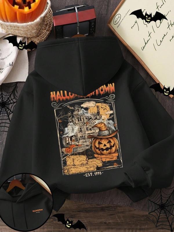 Halloween Fashion Unisex Loose-Fit Hoodie, Fall Winter Round Neck Pullover, Pumpkin Print Fleece Sweatshirt for Women &...