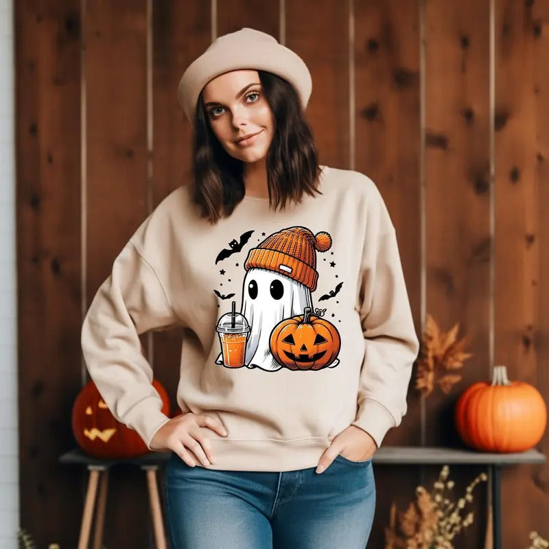 Halloween Funny Cute Ghost Pumpkin Fall Spooky Season Unisex Sweatshirt Cotton Printed T-Shirts, Hoodie | HypeDripTees.com