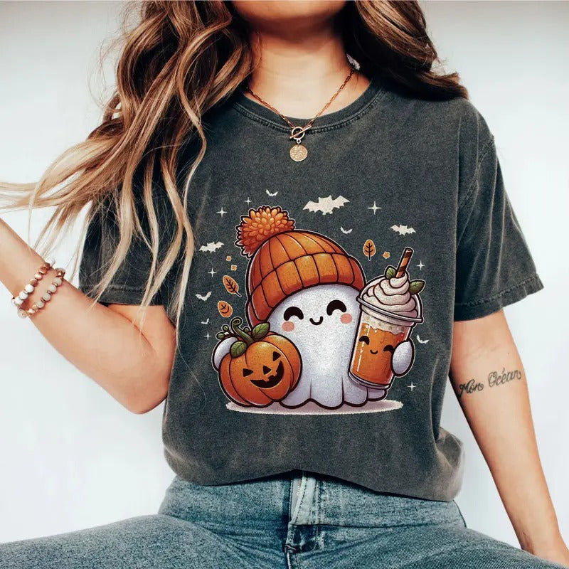 Halloween Ghost Shirt, Cute Halloween Shirt, Halloween Women Shirt Gift, Spooky Season Shirt, Halloween Ghost Comfort...