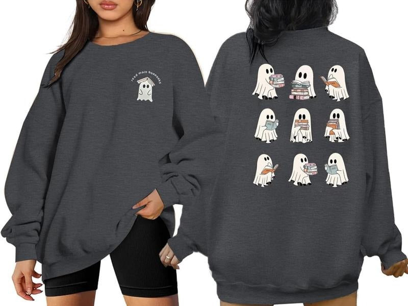 Halloween Ghost Ghost Reading Books Fall Crew Neck Funny Teacher T-Shirts, Hoodie, Sweatshirt