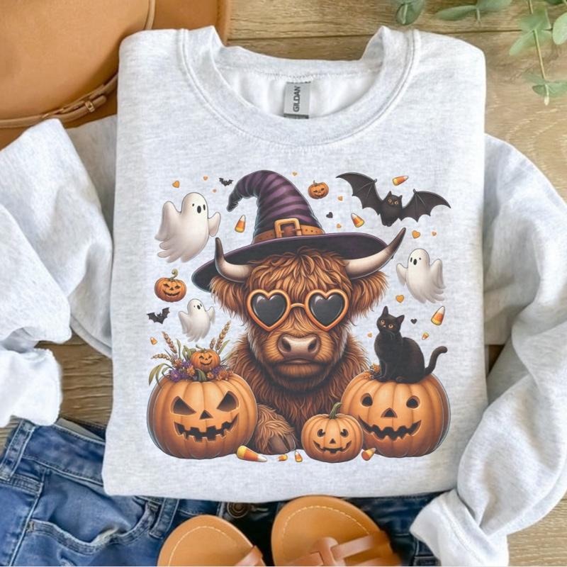 Halloween Highland Cow Sweatshirt - Ash Grey - Halloween Sweatshirt T-Shirts, Hoodie | HypeDripTees.com