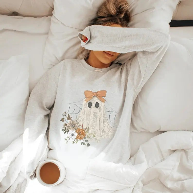 Halloween Lace Ghost Ghost Bow Coquette Halloween Spooky Fall Floral Long Sleeved Cute Ghost Lovers T-Shirts, Hoodie, Sweatshirt