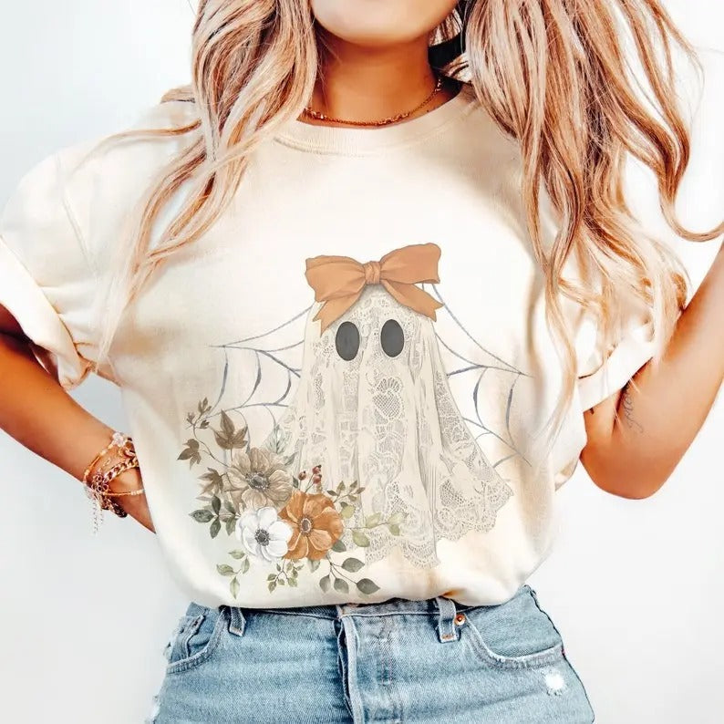 Halloween Lace Ghost T Shirt, Spooky Coquette T-Shirt, Girly Ghost Orange Bow T Shirt Lacey Ghost Tee Comfort Colors...