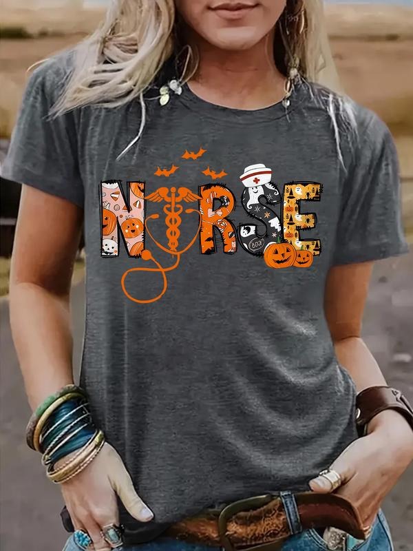 Halloween Nurse Shirt, Ghost Print Casual Summer Top, Fitted Round Neck Short Sleeve T-Shirt, Comfortable Breathable...