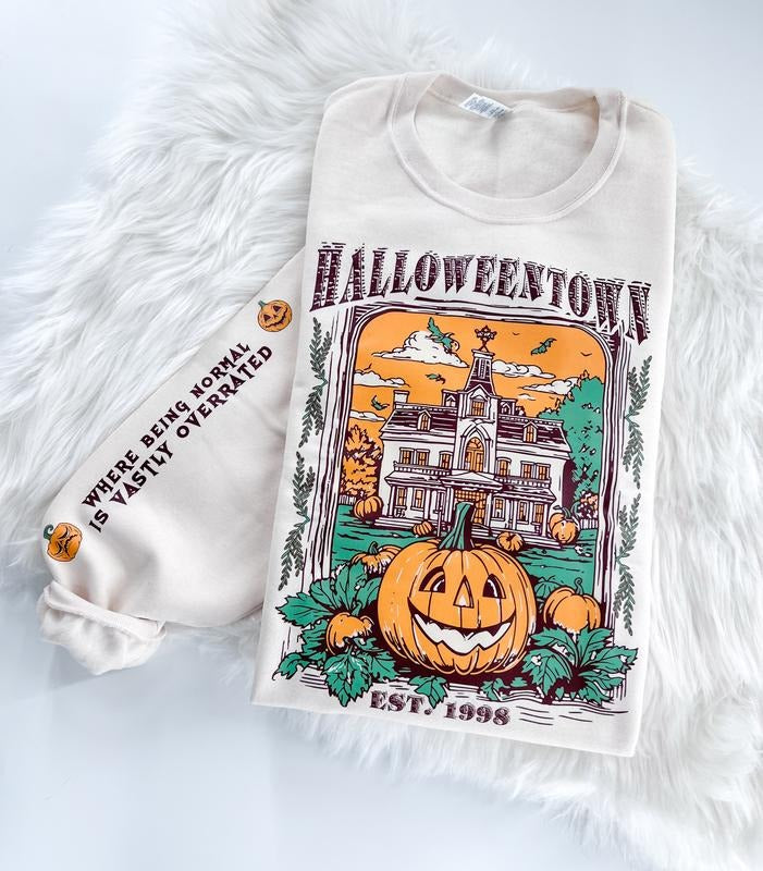 Halloween Pumpkin Town Sweatshirt or Hoodie with Sleeve Prints Comfy Unisex Tops Casual Cotton Poly Blend Soft Fabric DTF...