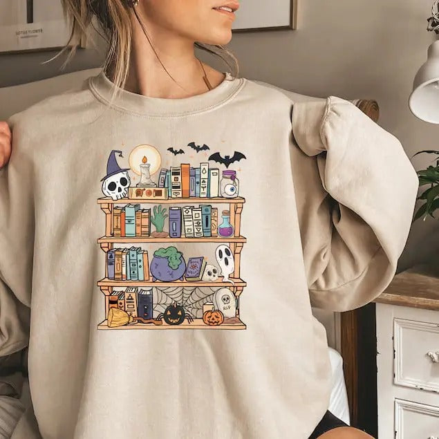 Halloween Retro Ghosts Reading Books Sweatshirt, Teacher Librarian Halloween Gift Spooky Season Trendy Shirt Gift...