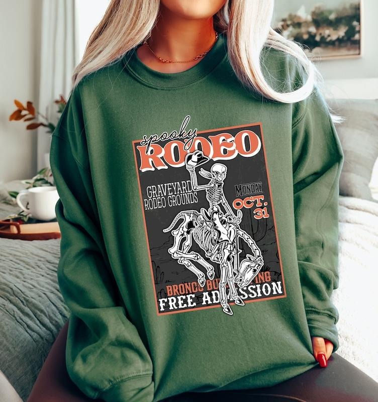 Halloween Rodeo Sweatshirt, Skeleton Cowboy Shirt, Western Halloween Sweater, Retro Halloween T-Shirt, Western Halloween...