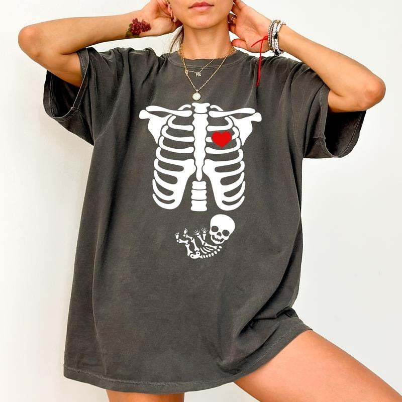 Halloween Skeleton Maternity Shirt Comfort Colors, Funny Pregnancy Announcement Tshirt, Spooky Skeleton Pregnant...