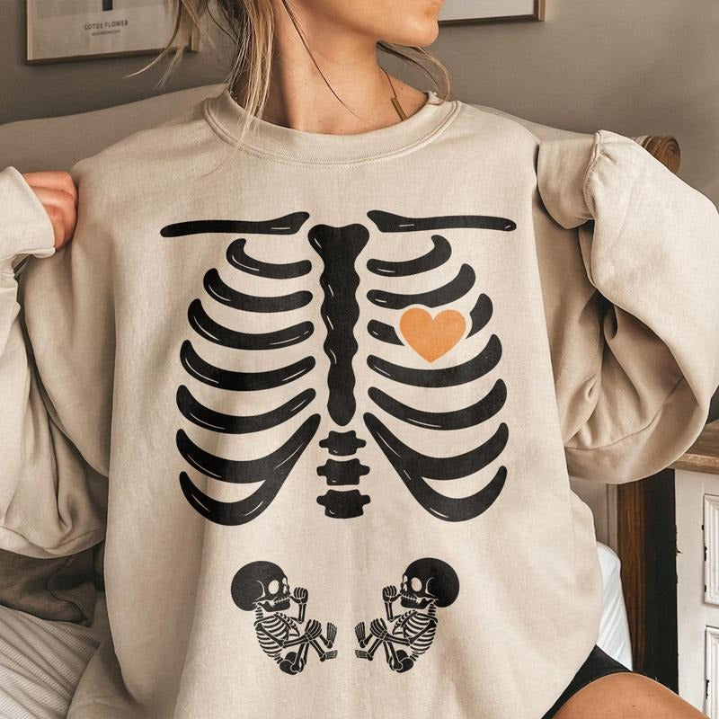 Halloween Skeleton Twins Pregnancy Shirt - Funny Maternity Sweatshirt with Baby Skeletons, Cute Spooky Mom T-shirt, Fall...