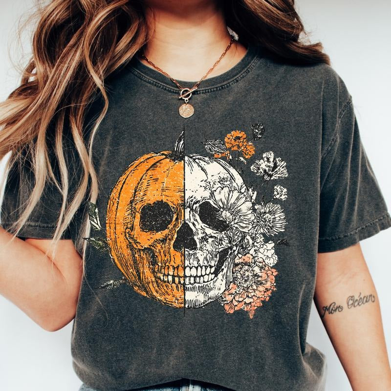 Halloween Skellie Jack O Lantern Shirt - Unisex Casual 100% Ring-Spun Cotton T-Shirt for Women, Relaxed Fit,...