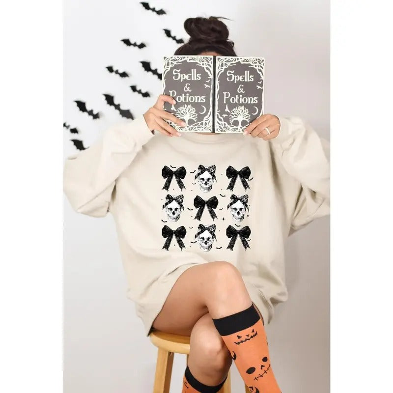Halloween Skull Black Bow Sweatshirt, Retro Halloween Shirt, Halloween Women's Sweatshirt, Halloween Costume, Fall...