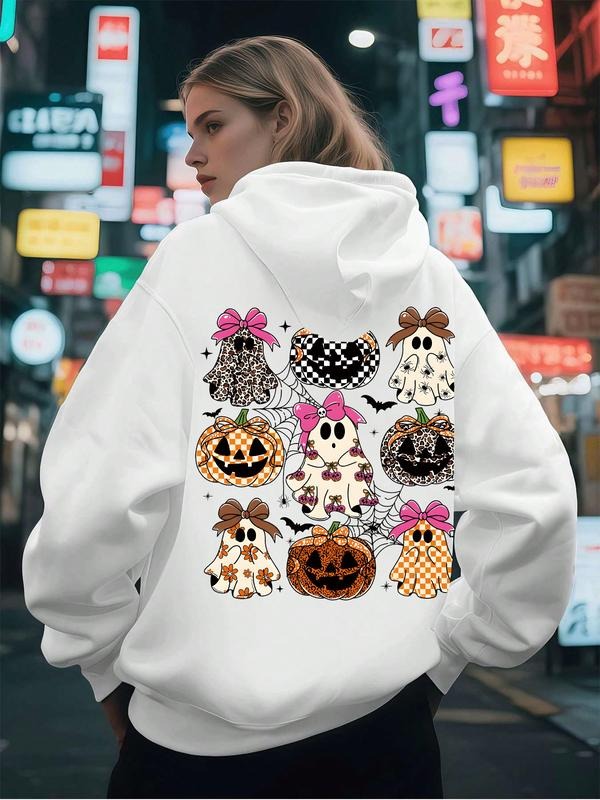 Halloween Skull Ghost Pattern Women's Warm Hoodie, Fall Winter Loose-Fit Kangaroo Pocket Casual Daily Wear, Thick Korean...