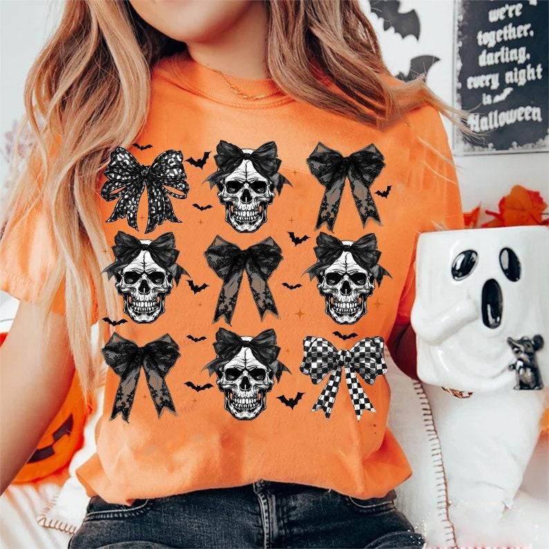 Halloween Skull Shirt, Coquette Bow Halloween, Spooky Season Unisex Cotton Shirt