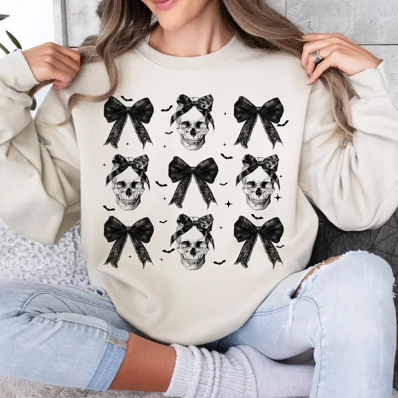 Halloween Skull Sweatshirt, Coquette Bow Halloween Sweatshirt, Halloween Shirt, Spooky Season Shirt Hoodie | HypeDripTees.com