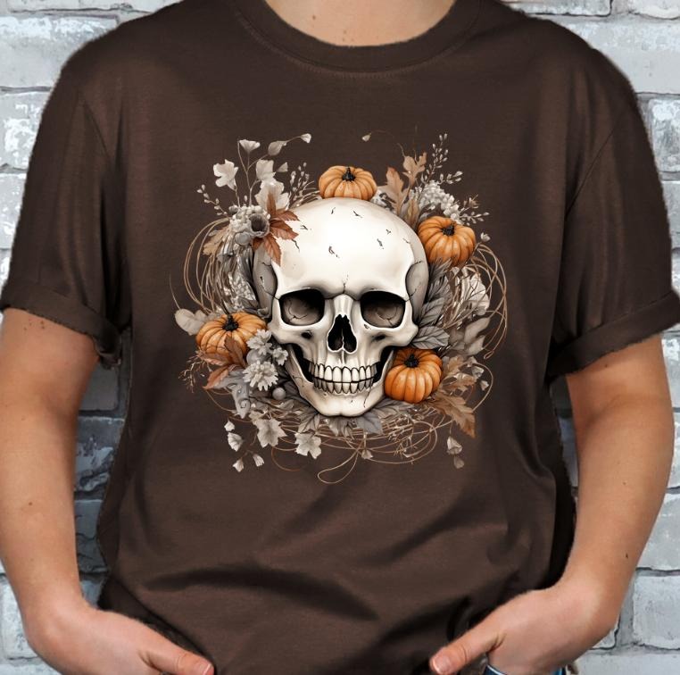 Halloween Skull and Pumpkins Autumn Fall T-shirt Casual Shortsleeve Hoodie, Sweatshirt | HypeDripTees.com
