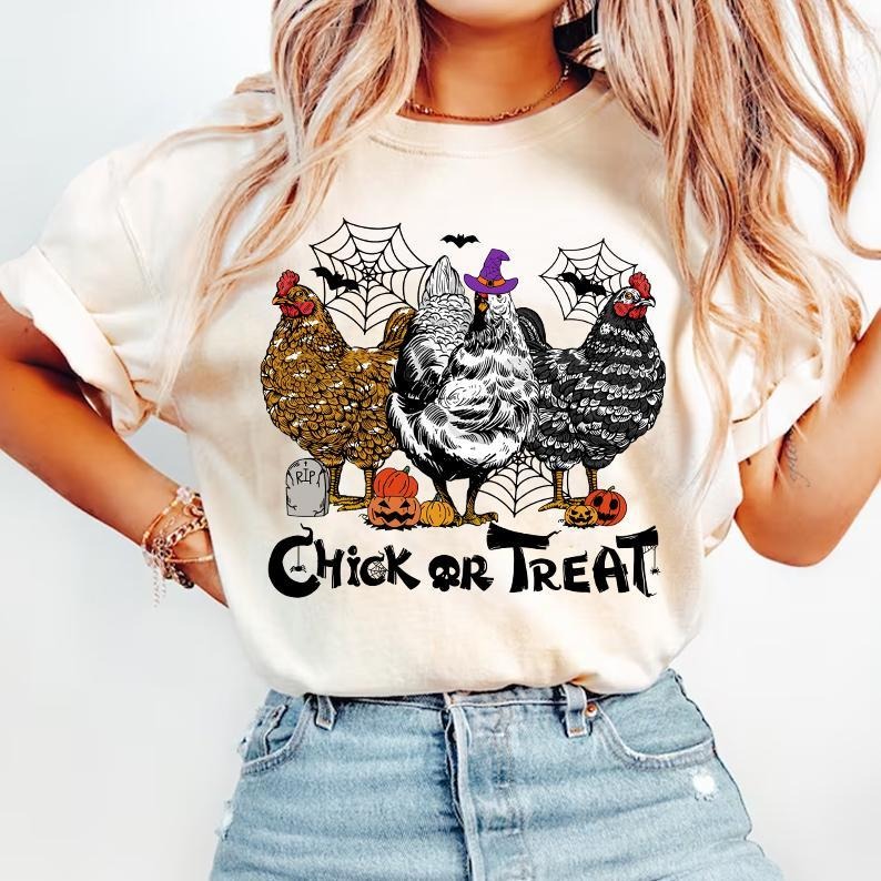 Halloween Spooky Chicken Shirt Autumn Chick Treat Pumpkin Chicken Trick Treat Cotton T-Shirts, Hoodie, Sweatshirt