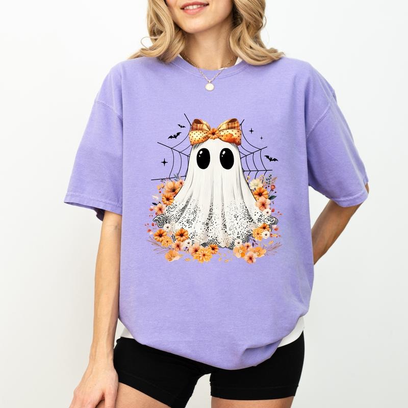 Halloween Spooky Ghost Shirt Comfort Colors, Retro Coquette Halloween Graphic Tee  Floral Cutesy Ghost Unisex Tee, Trendy...