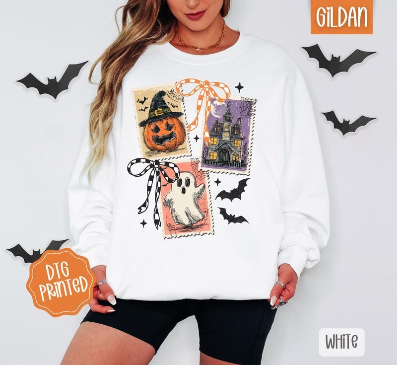 Halloween Stamps Sweatshirt, Trendy Women's Spooky Crewneck T-Shirts, Hoodie | HypeDripTees.com