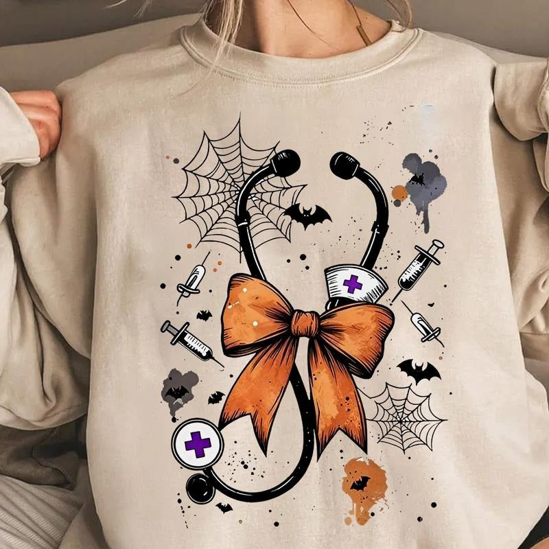 Halloween Stethoscope Bow Shirt, Retro Halloween Bow Nurse Sweater, Cute Nursing School Shirt, Funny Nurse Shirt, RN...
