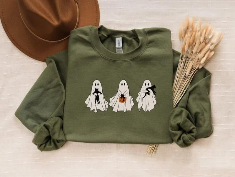 Halloween Sweatshirt, Ghost Cat Sweatshirt, Ghost Shirt, Black Cat Sweatshirt, Halloween Cat Shirt, Halloween Crewneck,...