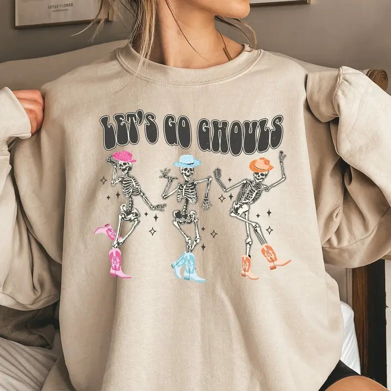 Halloween Sweatshirt, Let's Go Ghouls Sweatshirt, Let's Go Ghouls Shirt, Halloween Shirt, Dancing Skeleton Ghost Shirt,...