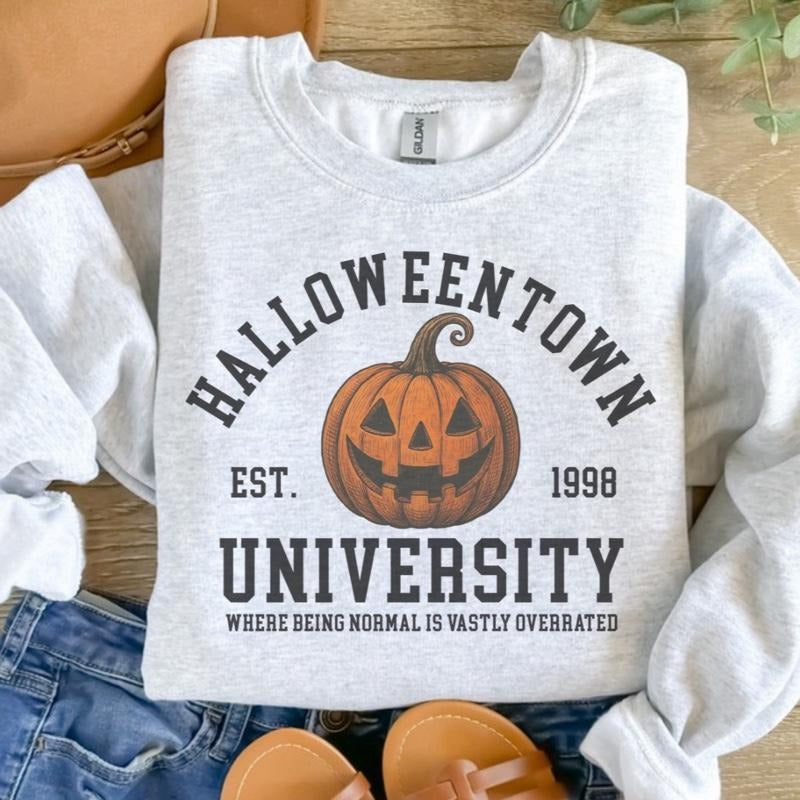 Halloween Town University Pumpkin Sweatshirt - Ash Grey - Halloween Sweatshirt - Spooky Sweatshirt Cotton Fabric...