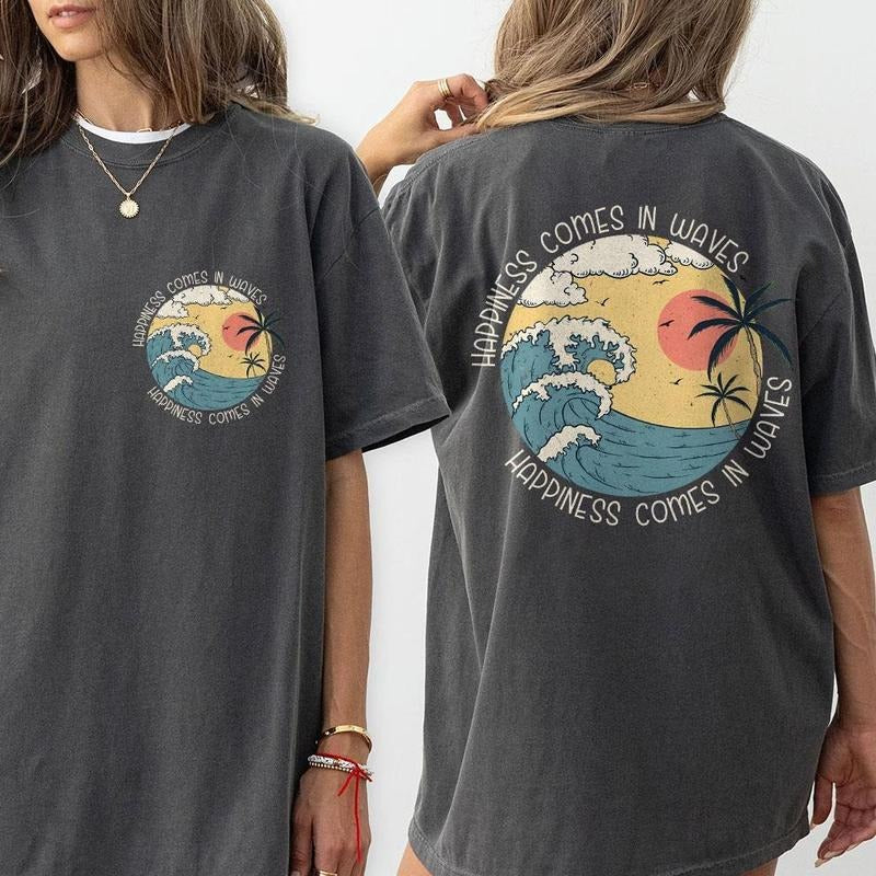 Happiness Comes In Waves Comfort Tees, Summer Vacation Shirt, Palm Tee, Beach Lover Outfit, Positive Motivational...