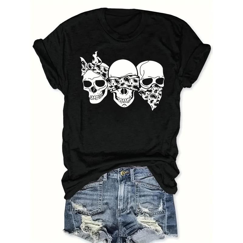 Happy Cartoon Skull T-Shirt: Loose Fit, Round Neck, Short Sleeved, Women'S Fashionable Top Hoodie, Sweatshirt