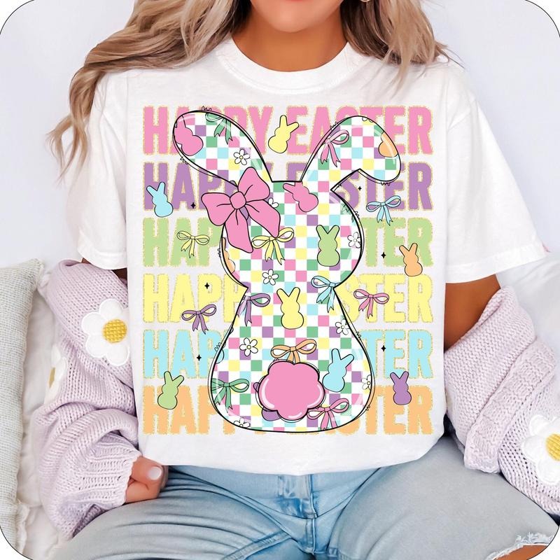 Happy Easter Checkered Bow T-Shirt, Easter T-Shirt, Pastel Easter T-Shirt, Easter Bunny T-Shirt, Easter Coquette T-Shirt,...