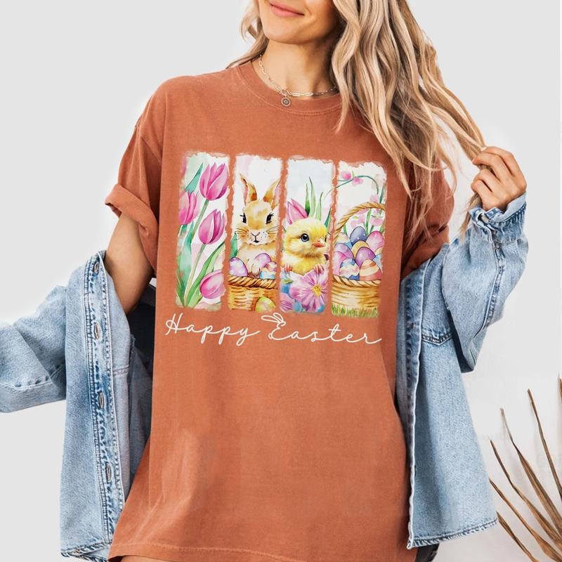 Happy Easter Shirt, Bunny Chick and Egg Basket Tee, Watercolor Spring Sweatshirt for Women, Cute Easter Graphic Shirt Hoodie
