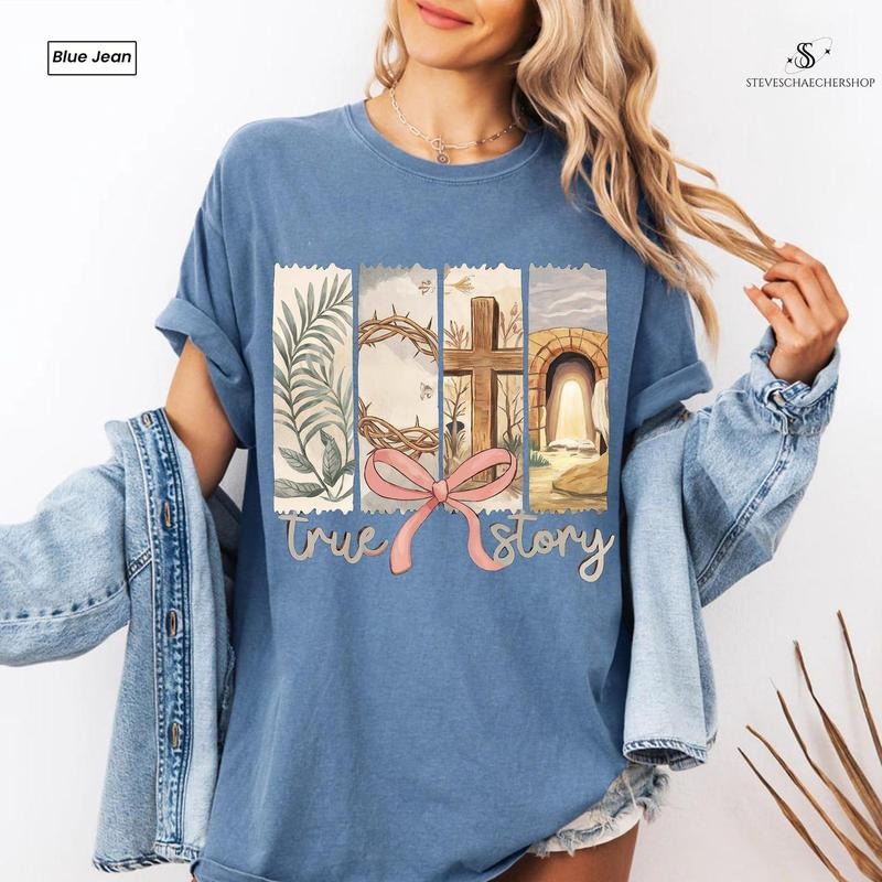 Happy Easter True Story Shirt He Is Risen Christian Sublimation Retro Christian Easter Shirt, Coquette Bow Floral Spring ...