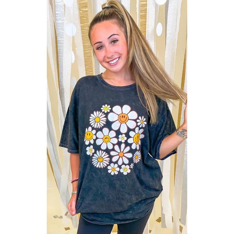 Happy Flowers Mineral Washed Graphic Shirt Hoodie, Sweatshirt | HypeDripTees.com