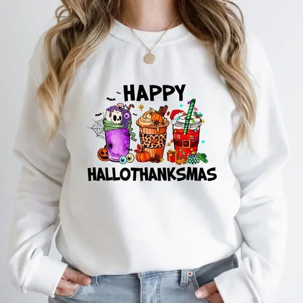 Happy HalloThanksMas Coffe Shirt, Funny Gnome Sweatshirt, Cute Drinking T-shirt, Women Christmas Shirt, Thanksgiving Tee...