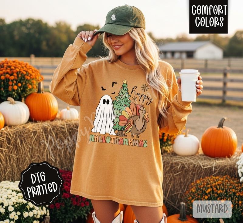 Happy Hallothankmas Comfort Colors Long Sleeve T-Shirt, Cute Women's Holiday Tee Hoodie, Sweatshirt | HypeDripTees.com