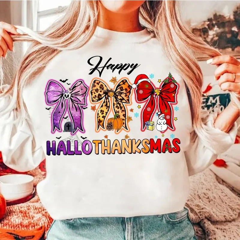 Happy Hallothanksmas Coquette Bow T-Shirt, Halloween Thanksgiving Christmas Sweatshirt, Pumpkin Spice Snowmen Pie Holiday...