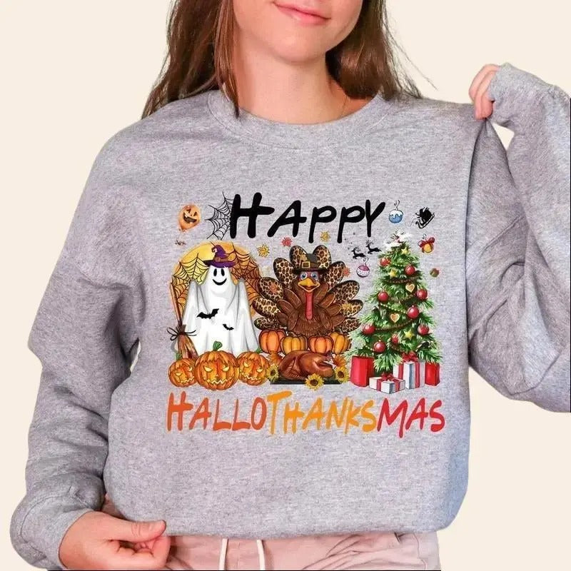 Happy Hallothanksmas Shirt, Funny Unisex T Shirt Crewneck Cotton Fabric Hoodie, Sweatshirt | HypeDripTees.com