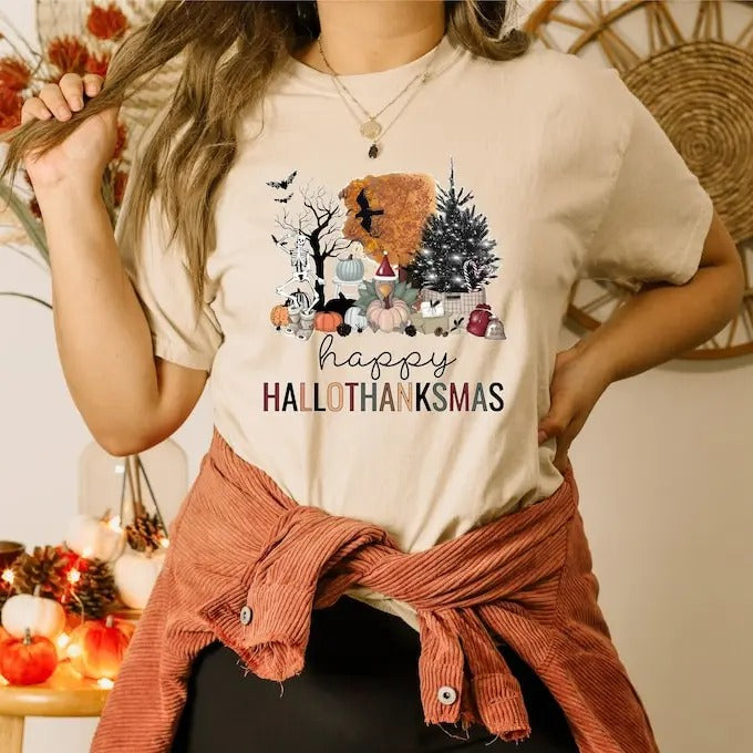 Happy Hallothanksmas Shirt Happy Halloween Thanksgiving Shirt Season Shirt Funny Halloween Fall Shirt Autumn T-Shirts, Hoodie, Sweatshirt