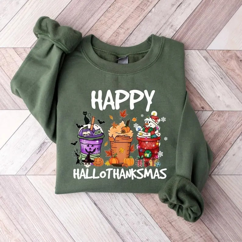 Happy Hallothanksmas Sweatshirt , Christmas Sweatshirt, Thanksgiving Shirt, Christmas Shirt, Coffee Pumpkin Spice Iced Hoodie