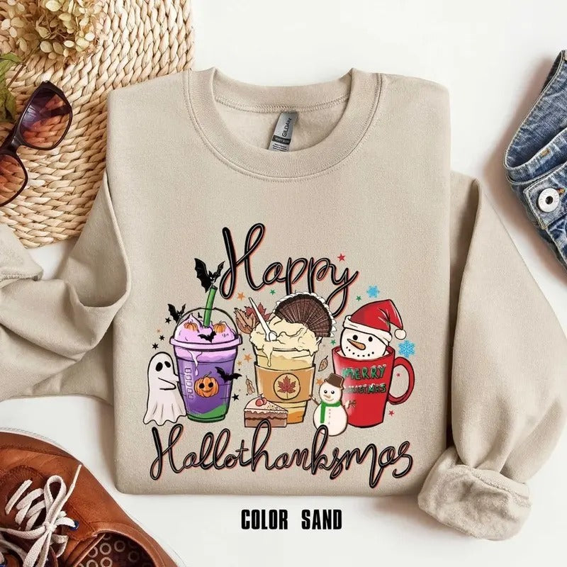 Happy Hallothanksmas Thanksgiving Shirt Shirt Coffee Pumpkin Spice Iced Snowmen T-Shirts, Hoodie, Sweatshirt