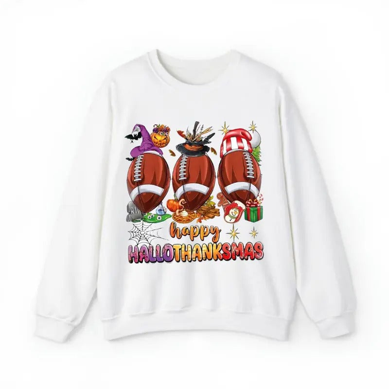 Happy Hallothanksmas Sweatshirt, Hallothanksmas Football Sweatshirt, Football Halloween Thanksgiving Christmas...
