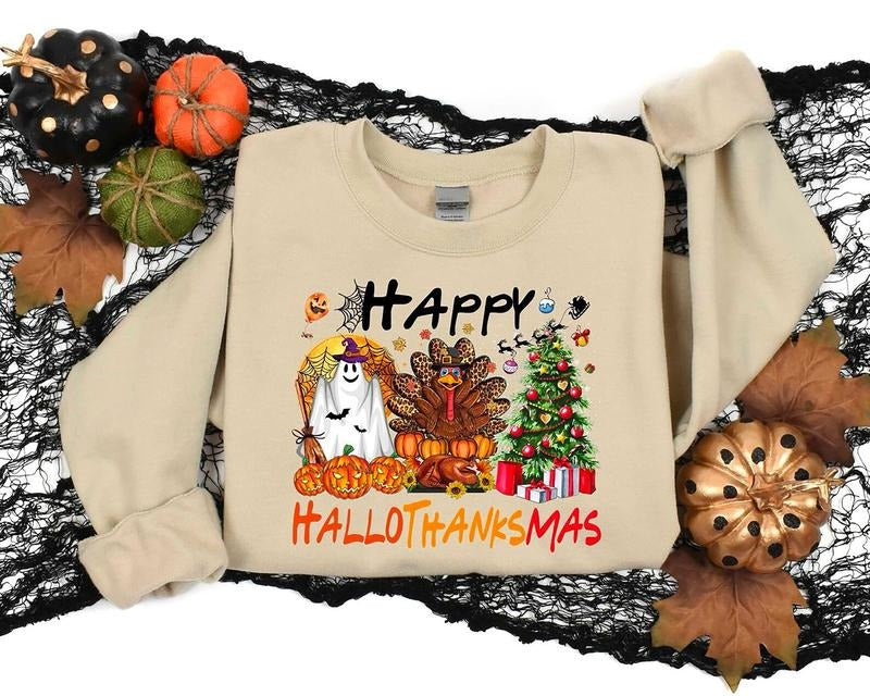 Happy Hallothanksmas Sweatshirt, Halloween Thanksgiving Christmas Crewneck, Fall Vibes Shirt, Holiday Season Shirt,...
