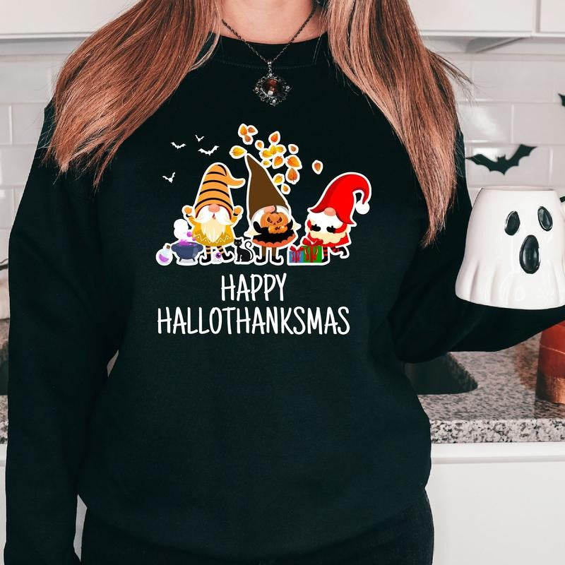 Happy Hallowthanksmas Sweatshirt, Seasonal Gnomes Hoodie, Halloween Gift Sweater, Unisex Thanksgiving Christmas Long...