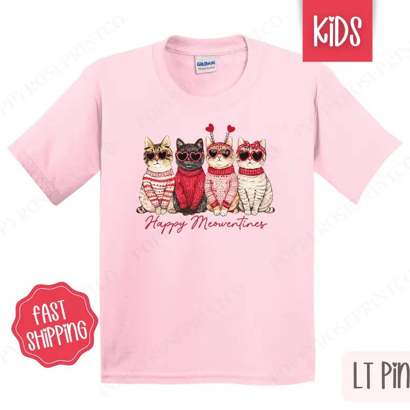 Happy Meowentines Kids Shirt - Valentine's Day Children's Tshirt - Youth CatTee Gildan Hoodie, Sweatshirt | HypeDripTees.com