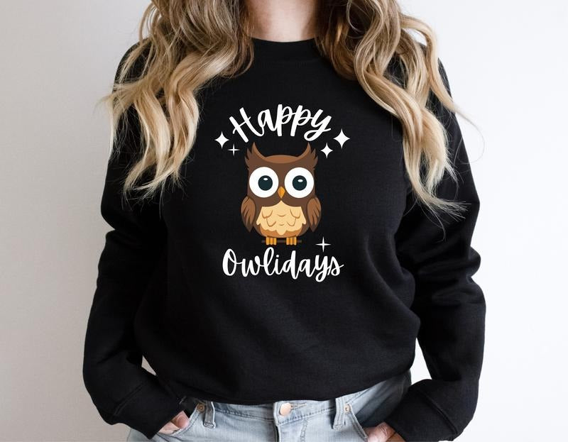 Happy Owlidays Sweatshirt, Owl Lover Gift Sweater, Funny Owl Christmas Hoodie, Bird Christmas Sweatshirt, Happy Holidays...